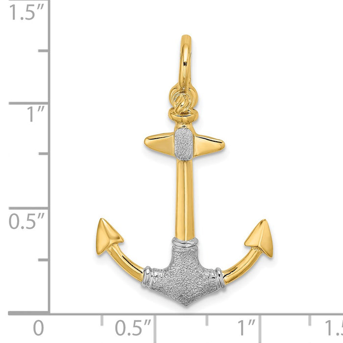 Million Charms 14K Yellow Gold Themed With Rhodium-Plated 3-D Textured Nautical Anchor With Shackle Bail Charm