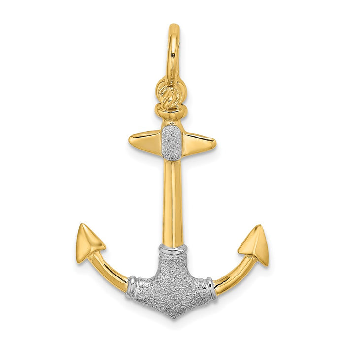 Million Charms 14K Yellow Gold Themed With Rhodium-Plated 3-D Textured Nautical Anchor With Shackle Bail Charm