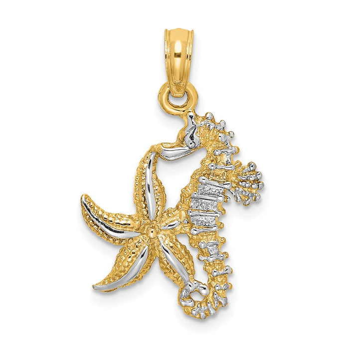 Million Charms 14K Yellow Gold Themed With Rhodium-Plated Nautical Starfish & Nautical Seahorse Charm