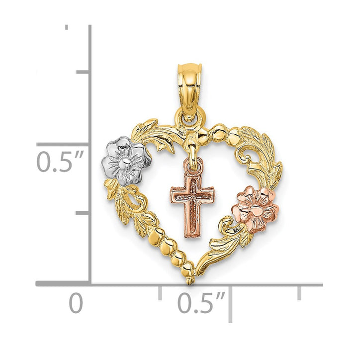 Million Charms 14K Tri-Color Heart With Dangle Relgious Cross & Flowers Charm