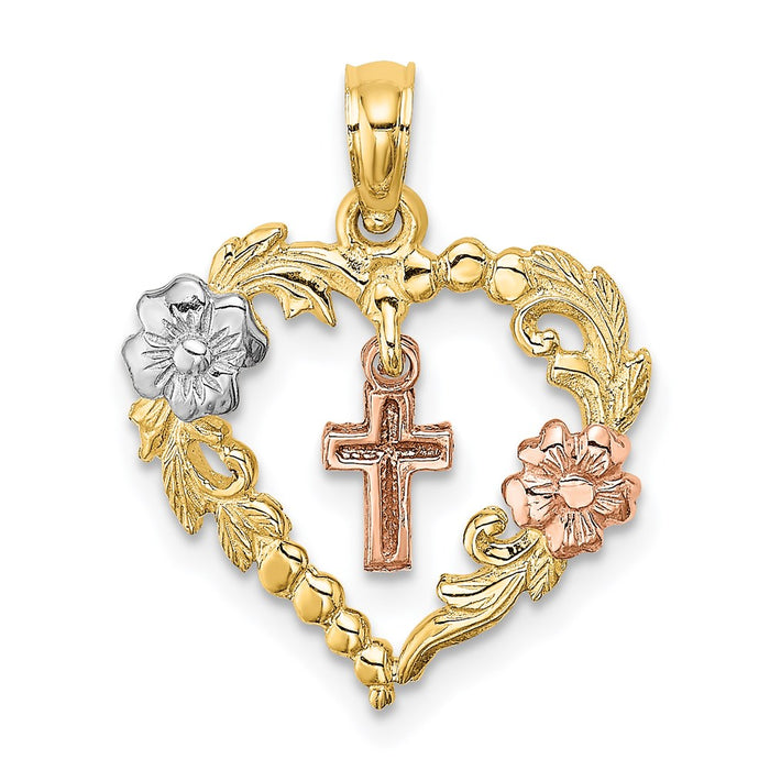 Million Charms 14K Tri-Color Heart With Dangle Relgious Cross & Flowers Charm