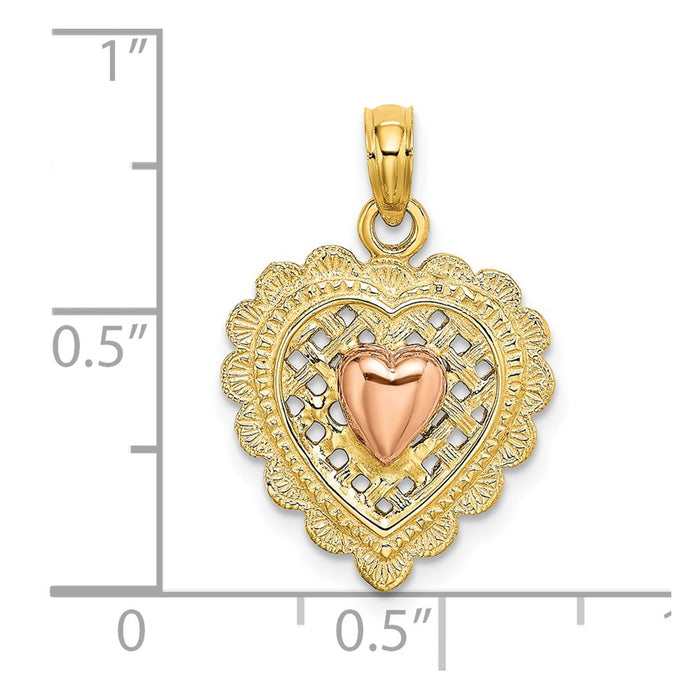 Million Charms 14K Rose & Yellow Gold Themed Polished Heart On Textured Heart Charm