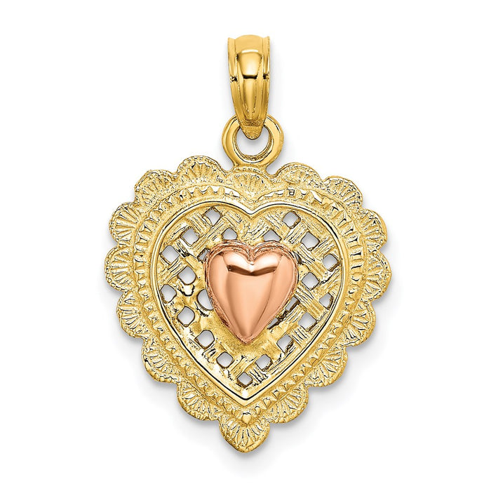 Million Charms 14K Rose & Yellow Gold Themed Polished Heart On Textured Heart Charm