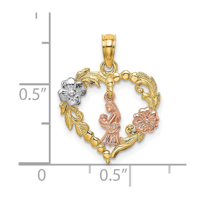 Million Charms 14K Tri-Color Motherly Love With Flowers In Heart Charm