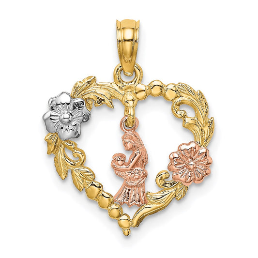 Million Charms 14K Tri-Color Motherly Love With Flowers In Heart Charm
