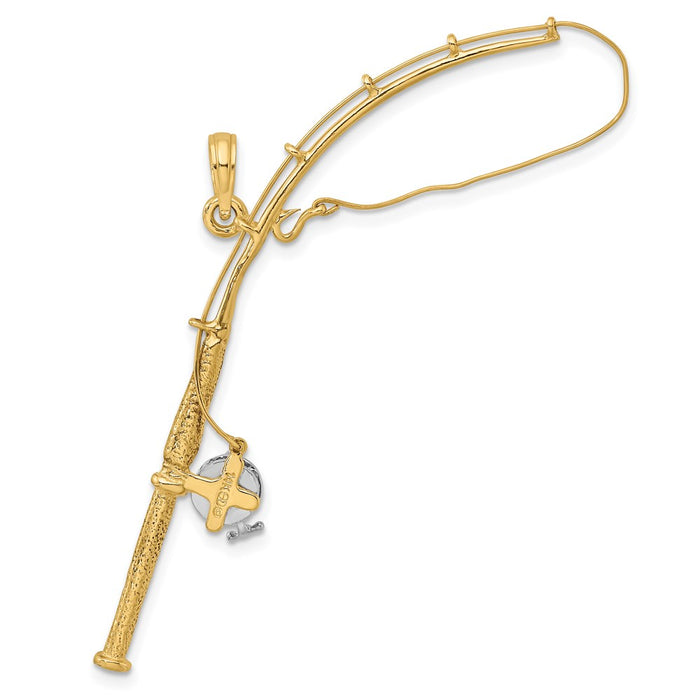 Million Charms 14K Yellow Gold Themed With Rhodium-Plated 3-D Moveable Fishing Pole With Reel Charm