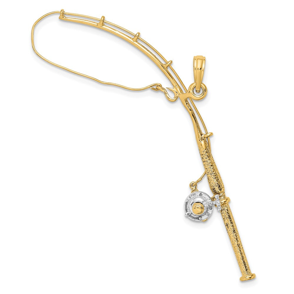 Million Charms 14K Yellow Gold Themed With Rhodium-Plated 3-D Moveable Fishing Pole With Reel Charm