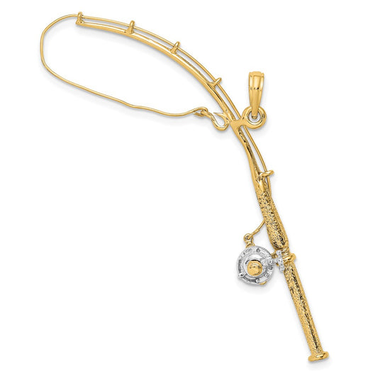 Million Charms 14K Yellow Gold Themed With Rhodium-Plated 3-D Moveable Fishing Pole With Reel Charm