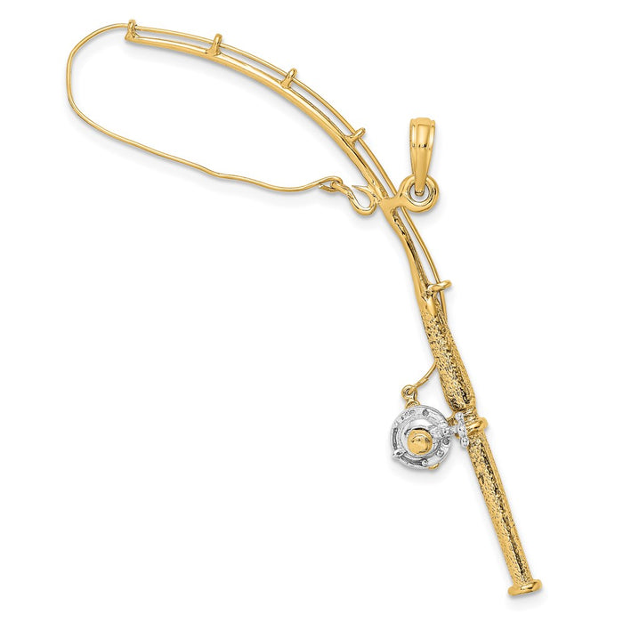 Million Charms 14K Yellow Gold Themed With Rhodium-Plated 3-D Moveable Fishing Pole With Reel Charm