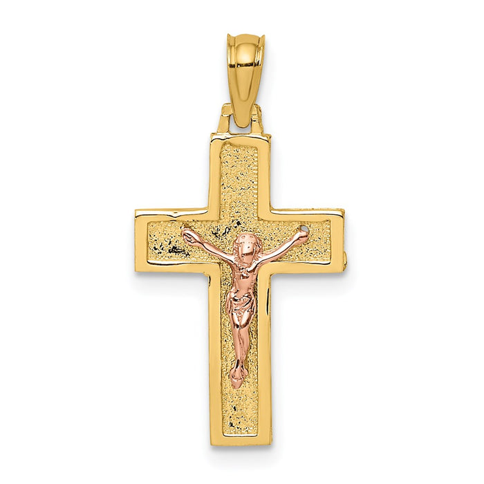 Million Charms 14K Two-Tone Relgious Crucifix On Block Relgious Cross Charm