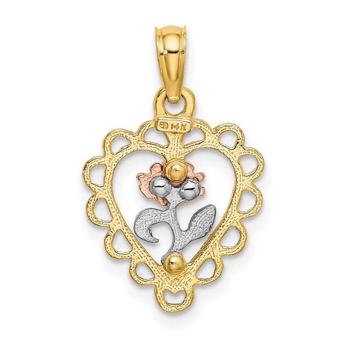 Million Charms 14K Tri Color Heart With Rose & Lace Trim Charm