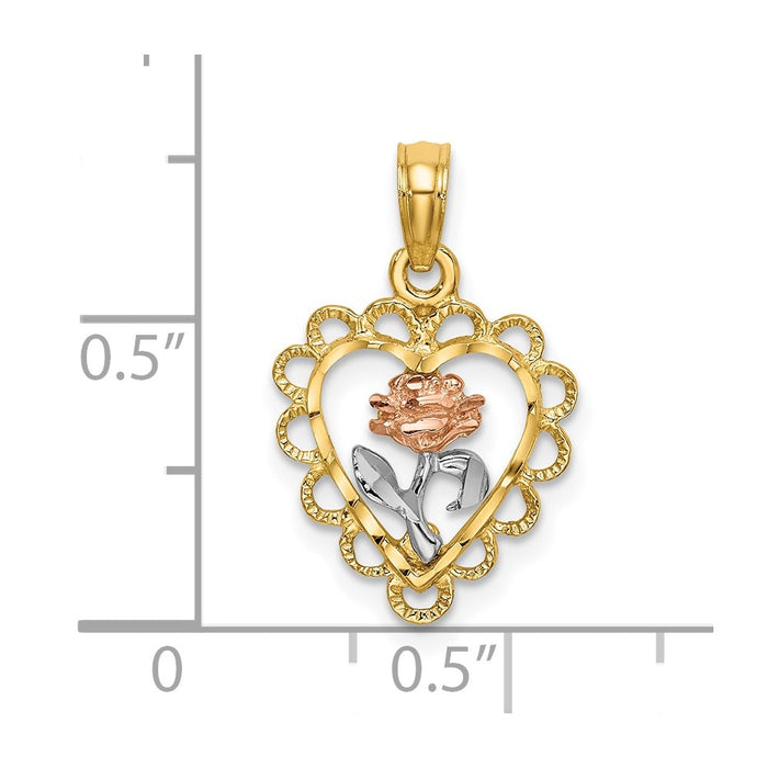 Million Charms 14K Tri Color Heart With Rose & Lace Trim Charm