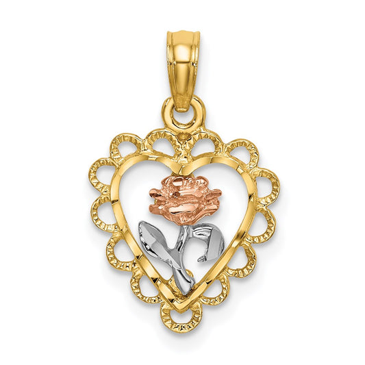 Million Charms 14K Tri Color Heart With Rose & Lace Trim Charm