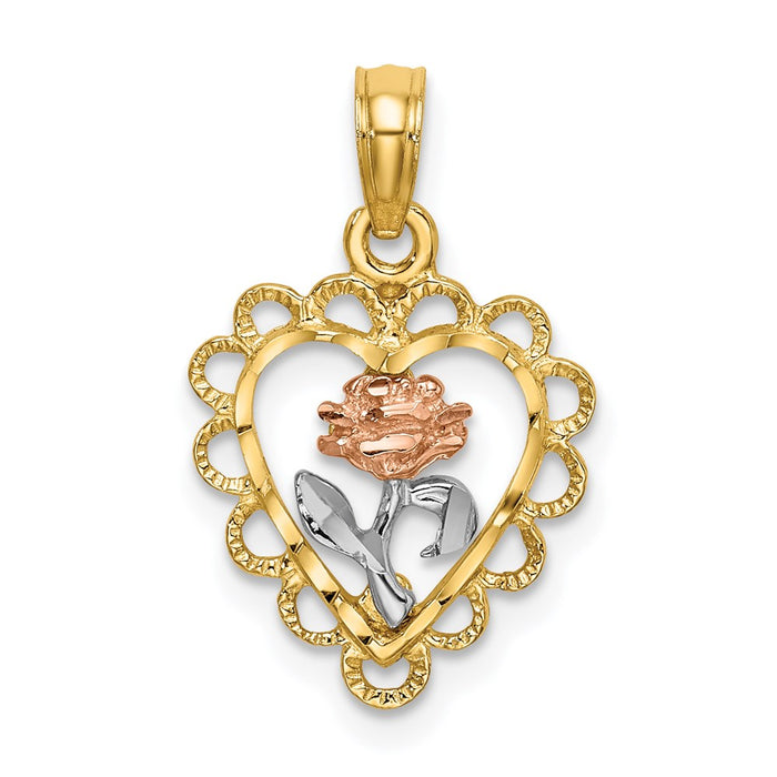 Million Charms 14K Tri Color Heart With Rose & Lace Trim Charm