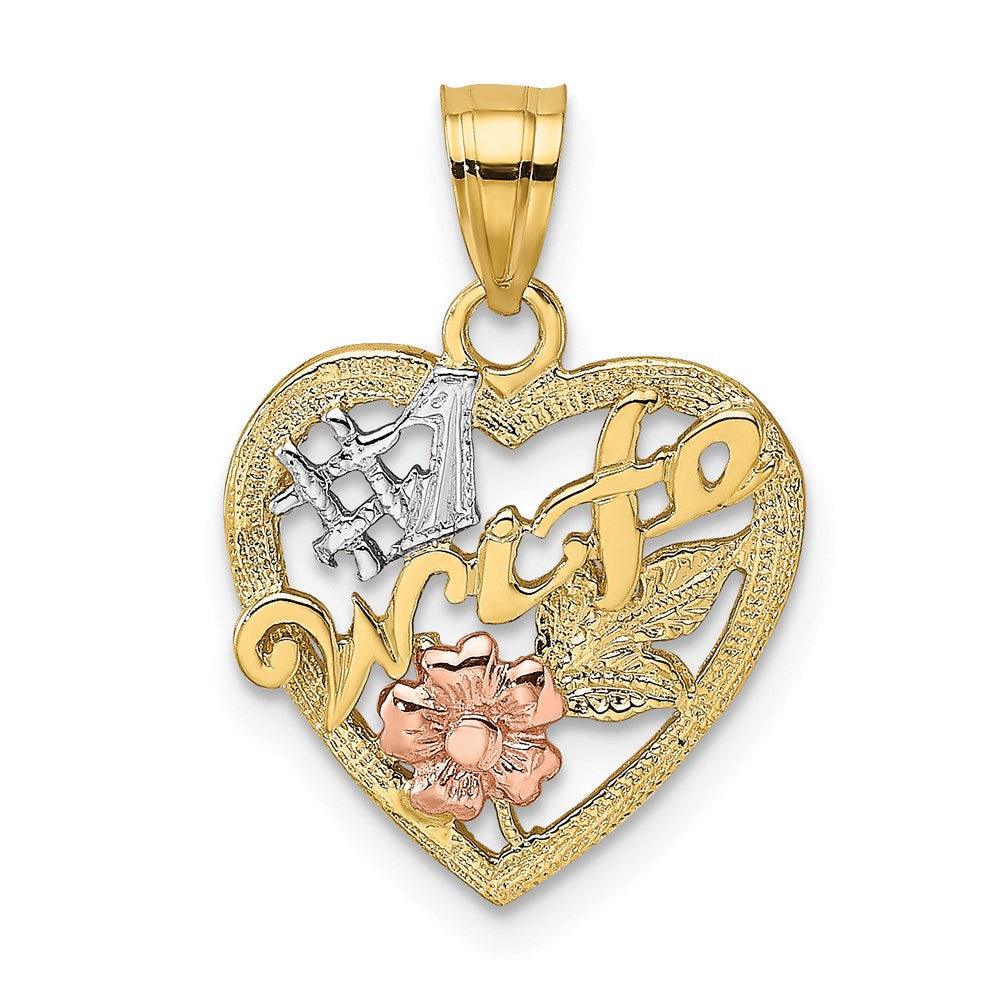 Million Charms 14K Two-Tone With Rhodium-Plated #1 Wife In Heart With Flower Charm