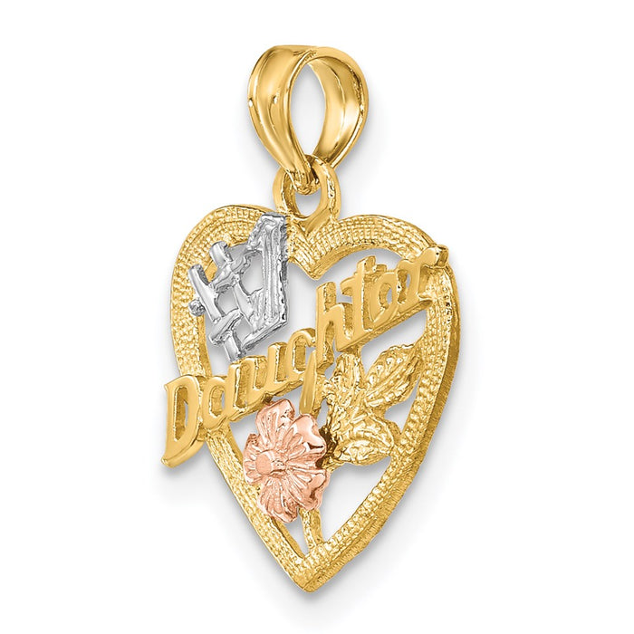 Million Charms 14K Tri-Color #1 Daughter In Heart With Flowers Charm