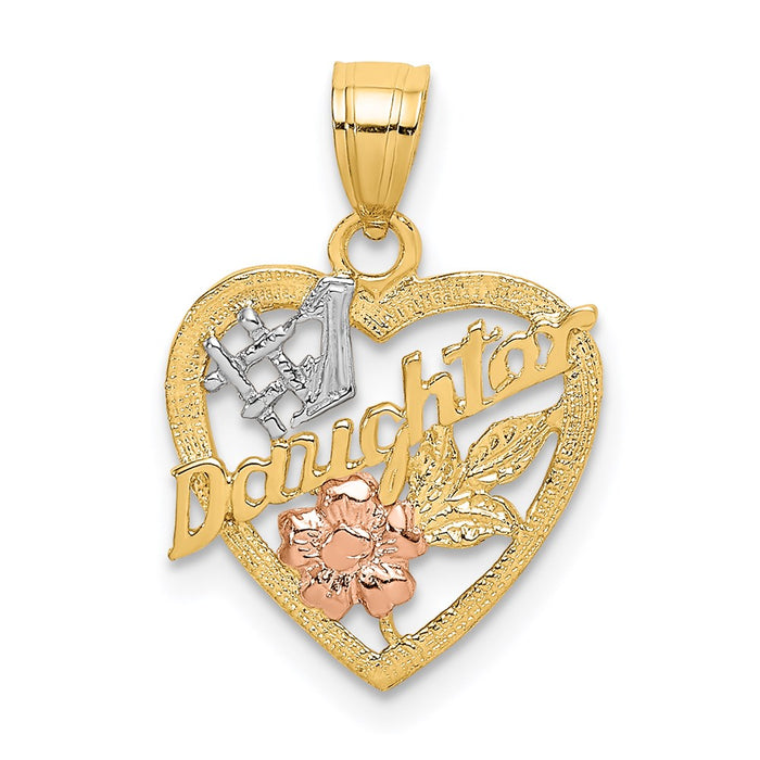 Million Charms 14K Tri-Color #1 Daughter In Heart With Flowers Charm