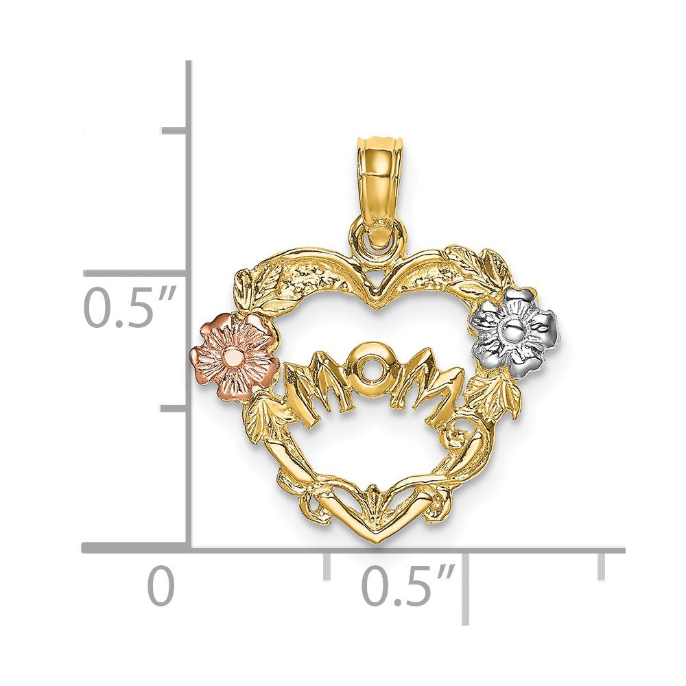 Million Charms 14K Tri-Color Mom Banner In Heart With Flower Charm