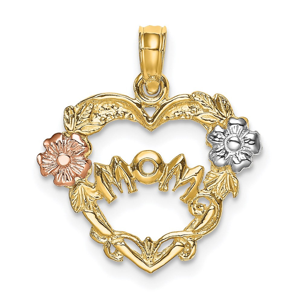 Million Charms 14K Tri-Color Mom Banner In Heart With Flower Charm