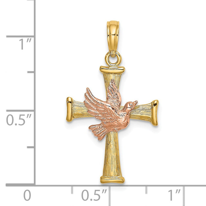 Million Charms 14K Two-Tone Textured Finish Relgious Cross With Dove Charm