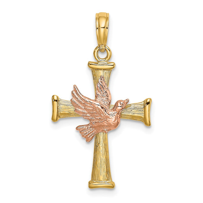 Million Charms 14K Two-Tone Textured Finish Relgious Cross With Dove Charm