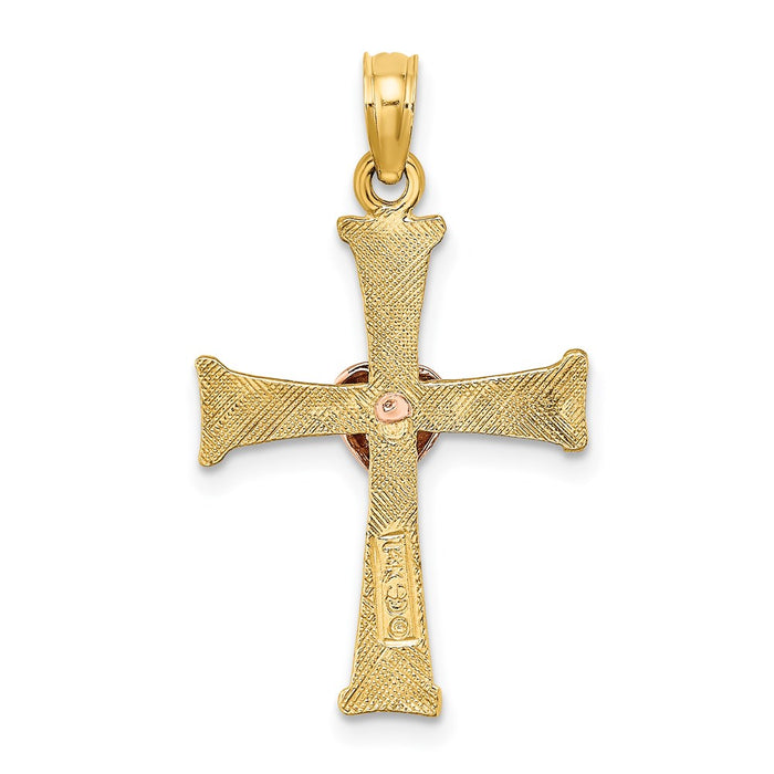 Million Charms 14K Two-Tone Textured Finish Relgious Cross With Heart Charm