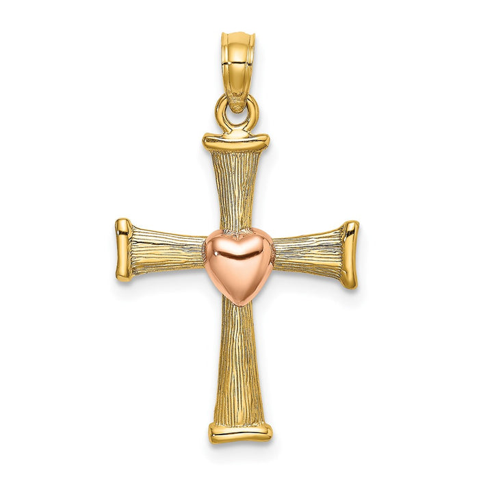 Million Charms 14K Two-Tone Textured Finish Relgious Cross With Heart Charm