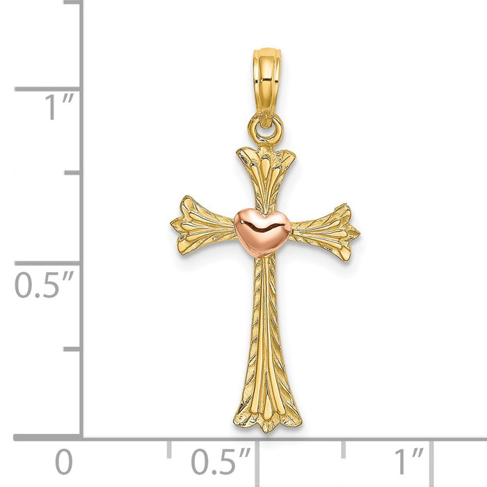 Million Charms 14K Two-Tone Textured Relgious Cross With Heart Charm