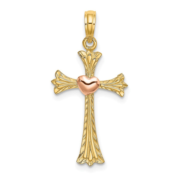 Million Charms 14K Two-Tone Textured Relgious Cross With Heart Charm