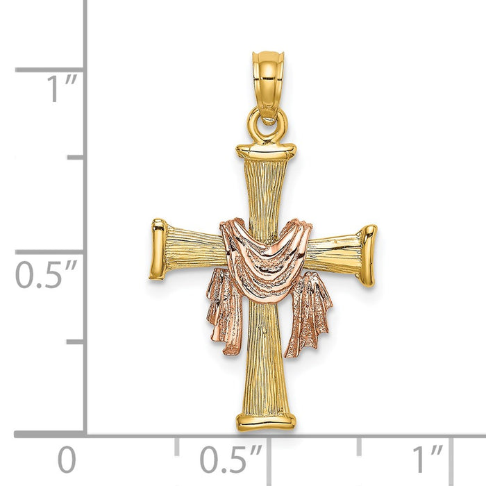 Million Charms 14L Two-Tone Textured Finish Relgious Cross With Drape Charm