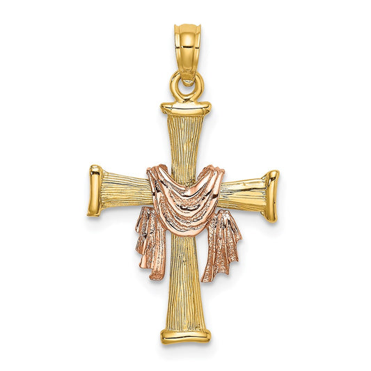 Million Charms 14L Two-Tone Textured Finish Relgious Cross With Drape Charm