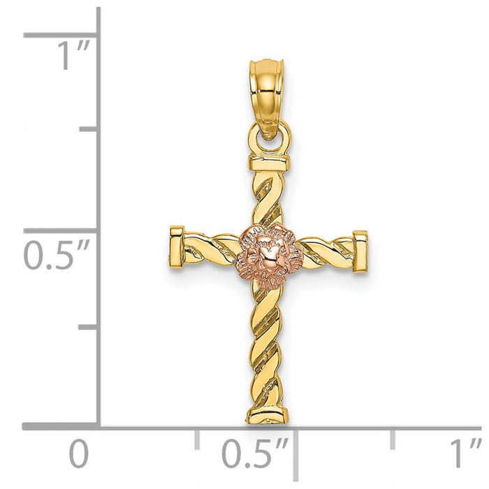 Million Charms 14K Two-Tone Twisted Relgious Cross With Flower Charm