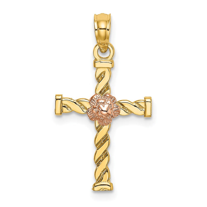 Million Charms 14K Two-Tone Twisted Relgious Cross With Flower Charm