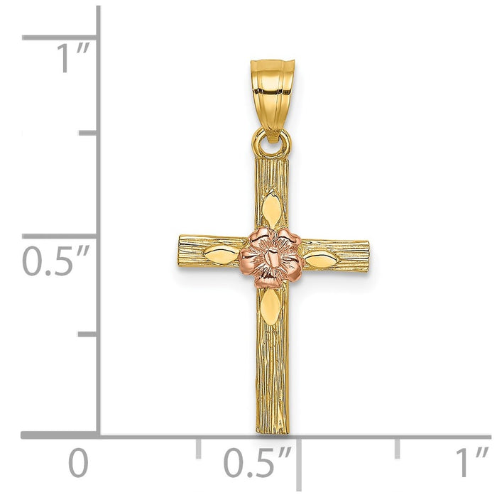 Million Charms 14K Two-Tone Textured Relgious Cross With Flower Charm