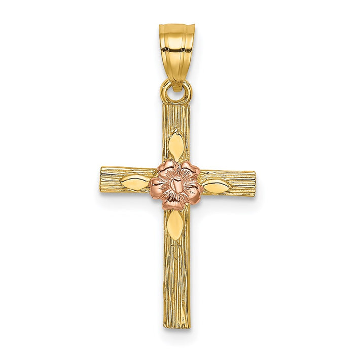 Million Charms 14K Two-Tone Textured Relgious Cross With Flower Charm