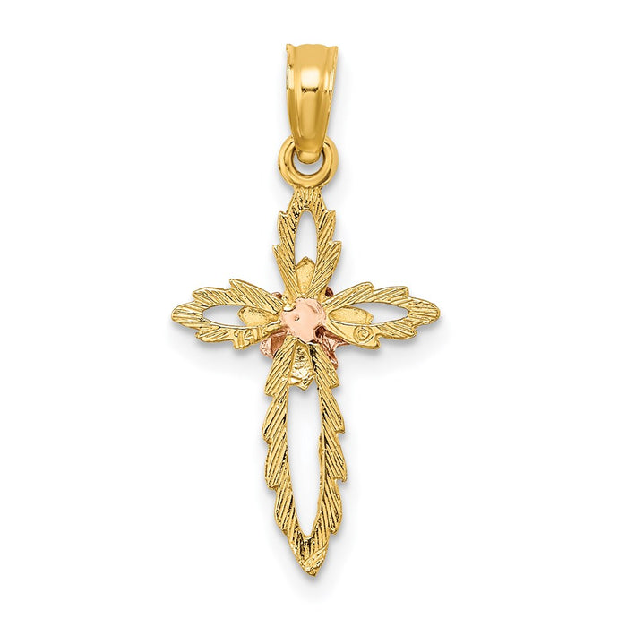 Million Charms 14K Cut-Out Relgious Cross With Flower Charm