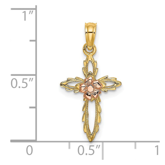 Million Charms 14K Cut-Out Relgious Cross With Flower Charm