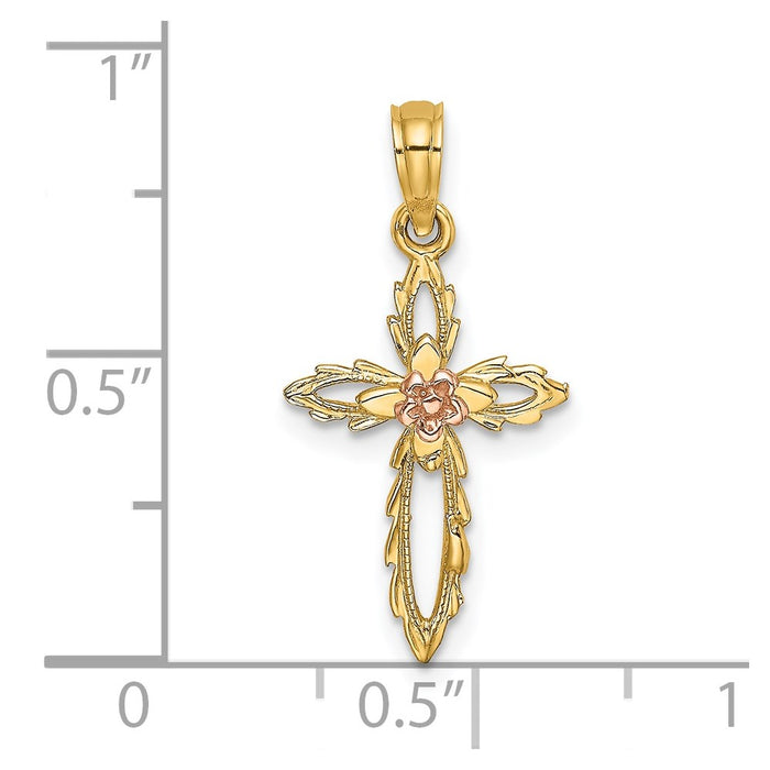 Million Charms 14K Two-Tone Relgious Cross With Cut-Out Flower Charm