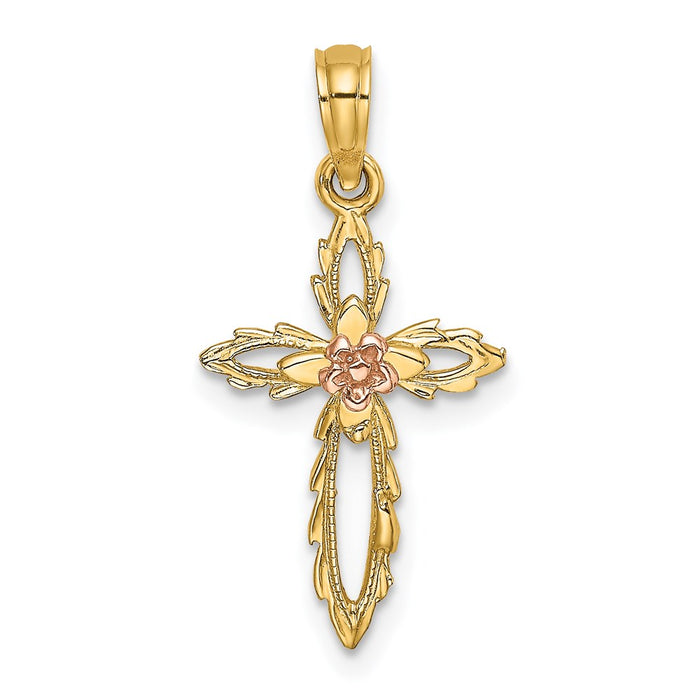 Million Charms 14K Two-Tone Relgious Cross With Cut-Out Flower Charm