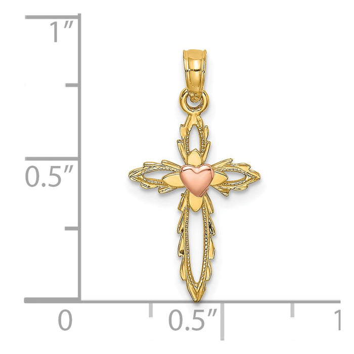 Million Charms 14K Two-Tone Relgious Cross With Heart Charm