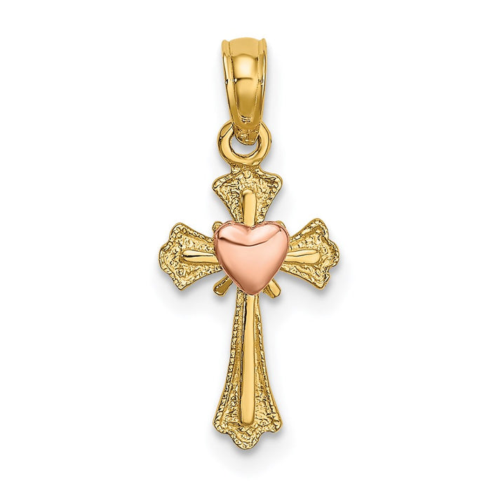 Million Charms 14K Two-Tone Relgious Cross With Heart Charm