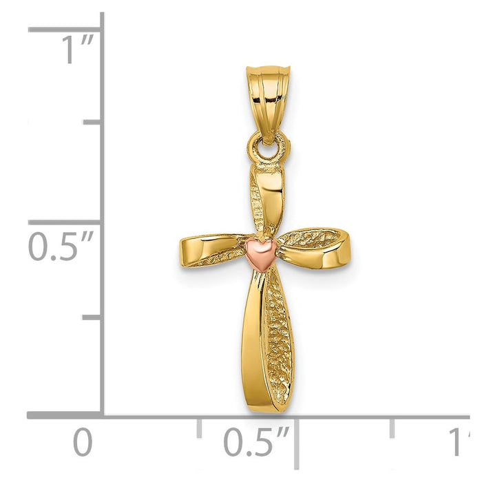 Million Charms 14K Two-Tone Twisted Relgious Cross With Heart Charm