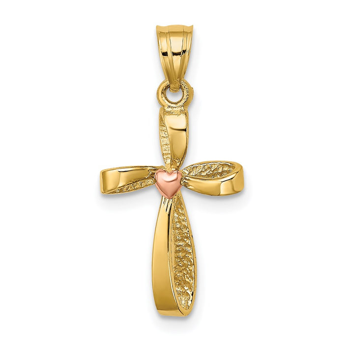 Million Charms 14K Two-Tone Twisted Relgious Cross With Heart Charm