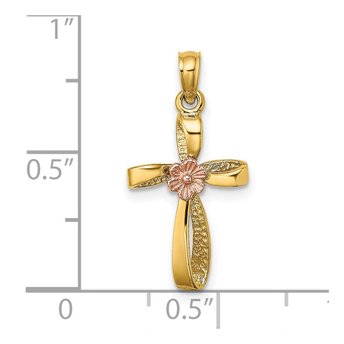 Million Charms 14K Two-Tone Twisted Relgious Cross With Heart Charm