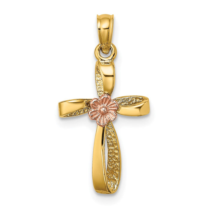 Million Charms 14K Two-Tone Twisted Relgious Cross With Heart Charm