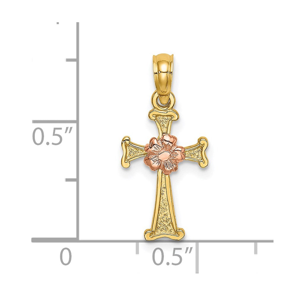 Million Charms 14K Two-Tone Relgious Cross With Flower Charm