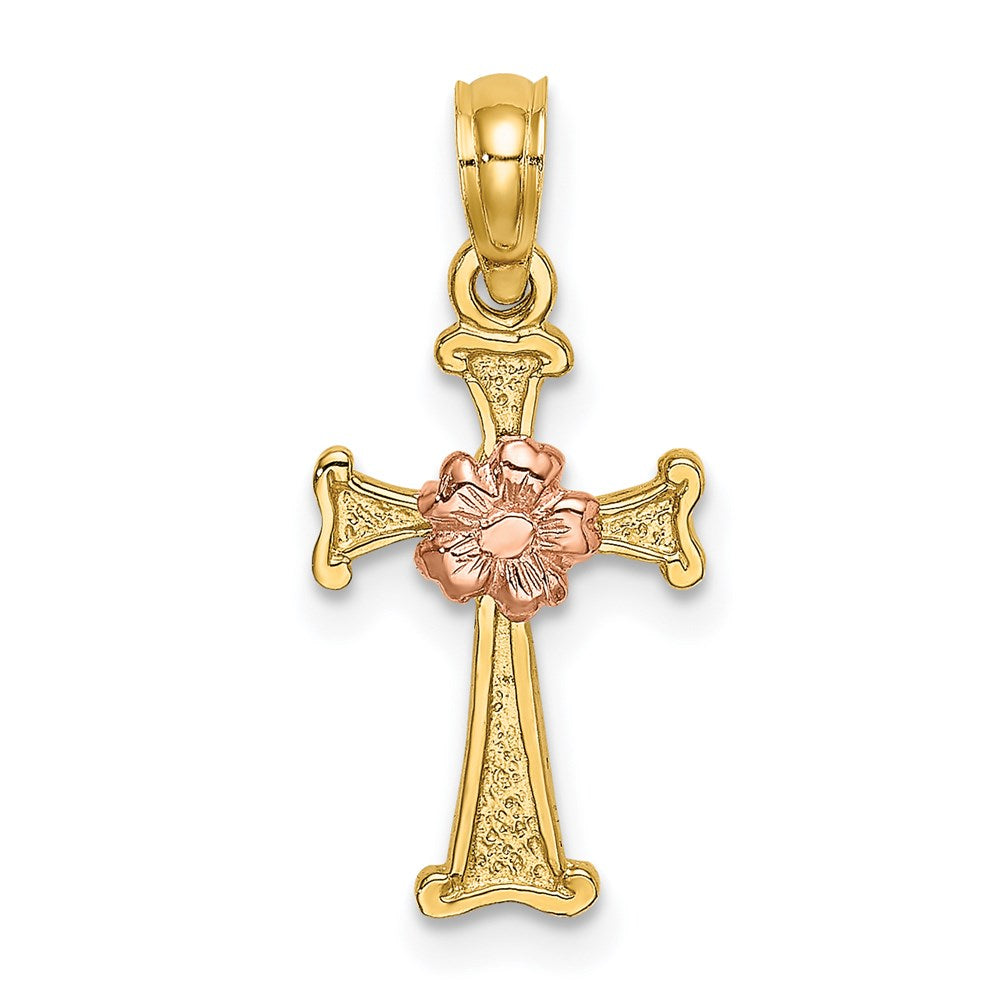 Million Charms 14K Two-Tone Relgious Cross With Flower Charm