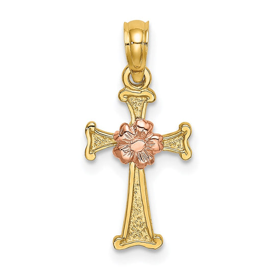 Million Charms 14K Two-Tone Relgious Cross With Flower Charm