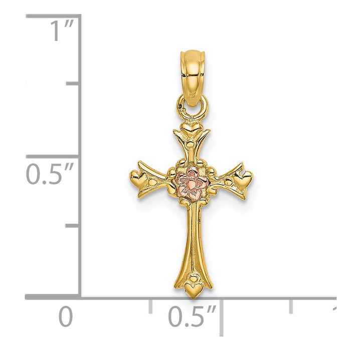 Million Charms 14K Two-Tone Relgious Cross With Flower Charm