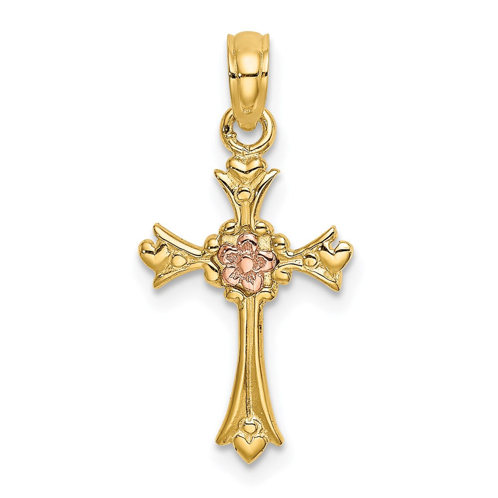 Million Charms 14K Two-Tone Relgious Cross With Flower Charm